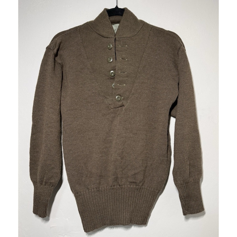 Vintage Army Sweater Men Size M Brown Wool Henley High Neck Button Knit Pullover
